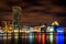 Long exposure of the colorful Baltimore skyline at night, Maryland