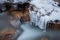 Long exposure creek water flowing with frozen dripping water, natural winter