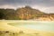 Long exposure of Kawah Putih volcanic sulphur lake inside the crater, Indonesia