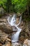 Long exposure of the Laibach waterfalls in spring time with trees in the background, portrait format.