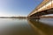 Long exposure landscape image featuring Theodore Roosevelt Island and bridge and Potomac river