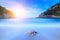 Long exposure landscape of Paleokastritsa famous sand beach in c