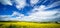 Long exposure panorama of agricultural rapeseed field with blurry clouds. Canola is an oil crop for fuel production