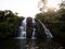 Long exposure panorama of tropical waterfall cascade Owharoa falls Karangahake Gorge Waikato North Island New Zealand