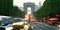 Long exposure photo of street traffic near Arc de Triomphe, Champs Elysees boulevard.