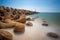 Long exposure seascape scenery of wave breaker at Terengganu, Malaysia