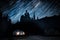 Long exposure shot of an automobile parked on a dark road beneath a starlit sky