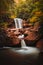 Long exposure shot of cascades of water flowing into the river in the woods at fall in West Virginia