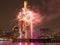 Long exposure shot of colorful fireworks in the old port of Montreal for the celebration of Canada day. Montreal, Quebec, Canada