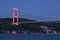 Long exposure shot of Fatih Sultan Mehmet Bridge  FSM  with light trails after sunset over bosphorus in Istanbul,Turkey