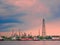 long exposure shot of oil refinery plant against blue evening sk