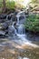 Long exposure shot of a small waterfall and a swirling pool of water.