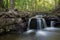 Long exposure soft cascading idyllic woodland waterfall green foliage background