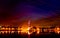 Long exposure of spectacular fire trails in the dusk sky caused by fire kites during Uttarayan hindu festival in india with sacred