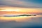 Long Exposure of Sunrise at the Paijanne lake. Beautiful scape with sunrise sky,fog, pine forest and water. Lake Paijanne, Finland