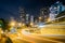 Long exposure of traffic on Upper Albert Road, and modern skyscrapers at night, in Hong Kong, Hong Kong.