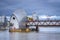 Long exposure view Thames barrier, a retractable barrier system designed to prevent the floodplain of most of Greater London