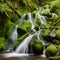 Long exposure of a waterfall flowing through lush green mossy rocks.