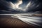 long exposure of windy beach, with waves rolling onto the sand and clouds in the sky