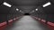 Long futuristic tunnel with dark in the end. Space station background. 3D rendered image.