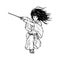 Long Hair Samurai Attacking With His Katana, Hand Drawn Illustration