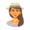 Long haired fashion girl wearing straw hat vector illustration