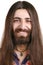 Long-haired smiling hippie man