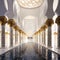A long hallway with columns and gold designs with sheikh zayed mosque in the background