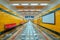 A long hallway featuring yellow walls with a vibrant red bench placed along one side