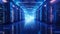 Long Hallway With Illuminated Blue Lights in Center, A sci-fi scene of a huge server room full of lights, AI Generated