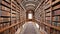 A long hallway in a library filled with lots of books. AI.