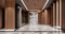 A long hallway with a marble floor and wooden columns