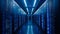 A long hallway with rows of servers and blue lights, AI