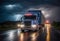 Long Haul Semi-Truck with Cargo Trailer at Night Driving Through Rain