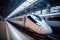 a long high-speed train standing indoor on the platform of the railway station