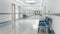 Long hospital bright corridor with rooms and seats 3D rendering