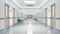 Long hospital bright corridor with rooms and seats 3D rendering