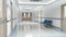 Long hospital bright corridor with rooms and seats 3D rendering