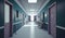 Long hospital bright corridor with rooms and seats. Generative AI