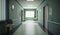 Long hospital bright corridor with rooms and seats. Generative AI