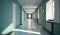 Long hospital bright corridor with rooms and seats. Generative AI