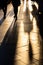 Long human shadows projected on the pavement at sunset