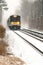 Long Island, New York - February 20, 2019 : A Long Island Railroad LIRR train in service on a snowy winter afternoon
