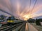 Long Island, New York - March 15, 2019 :  A Long Island Railroad lirr train at a platform as the sun sets