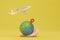long journey by plane. a snail carrying a planet with a jps point and a flying plane on a yellow background. 3D render