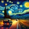 A long journey, travelling with car, village road, starry night of Van Gogh, painting, fantasy art, wallart, nature view