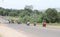 Long line of motorbikes travelling through city streets