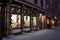 Long line of storefront windows covered with bright and colorful decorations for the holidays, Saratoga New York, 2018