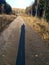 Long-long human shadow on the forest road at sunset