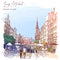 Long Market Square, Gdansk, Poland. Vintage design. Watercolor Painted sketch on a white background.